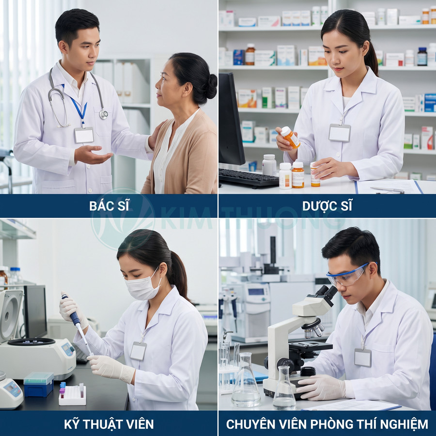 Bác sĩ, dược sĩ, kỹ thuật viên và chuyên viên phòng thí nghiệm mặc áo blouse làm việc trong môi trường y tế