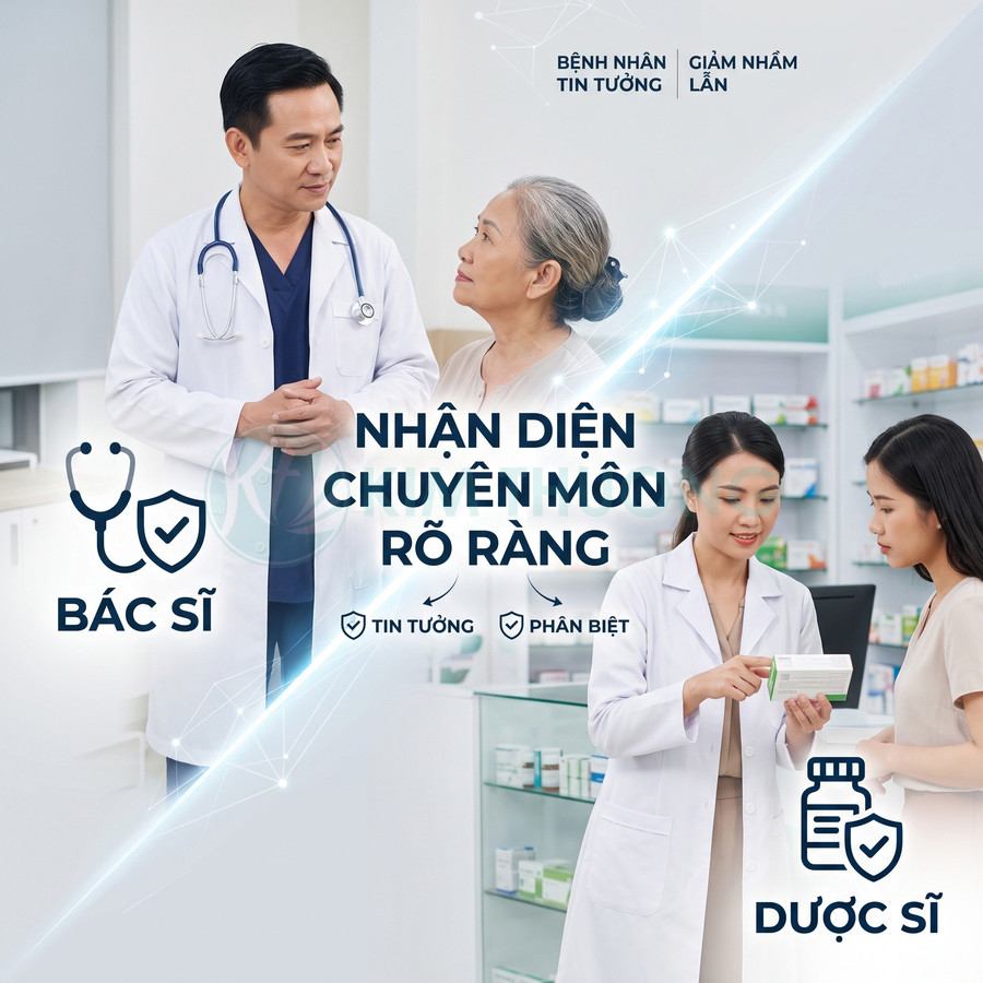 Bác sĩ và dược sĩ tư vấn cho bệnh nhân tại bệnh viện, nhấn mạnh nhận diện chuyên môn rõ ràng