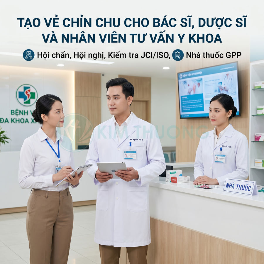 Bác sĩ và dược sĩ tư vấn cho nhân viên tại quầy nhà thuốc bệnh viện đa khoa hiện đại