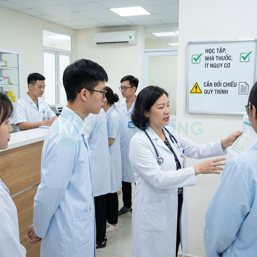 Bác sĩ hướng dẫn nhân viên y tế đối chiếu quy trình cấp phát thuốc tại nhà thuốc bệnh viện