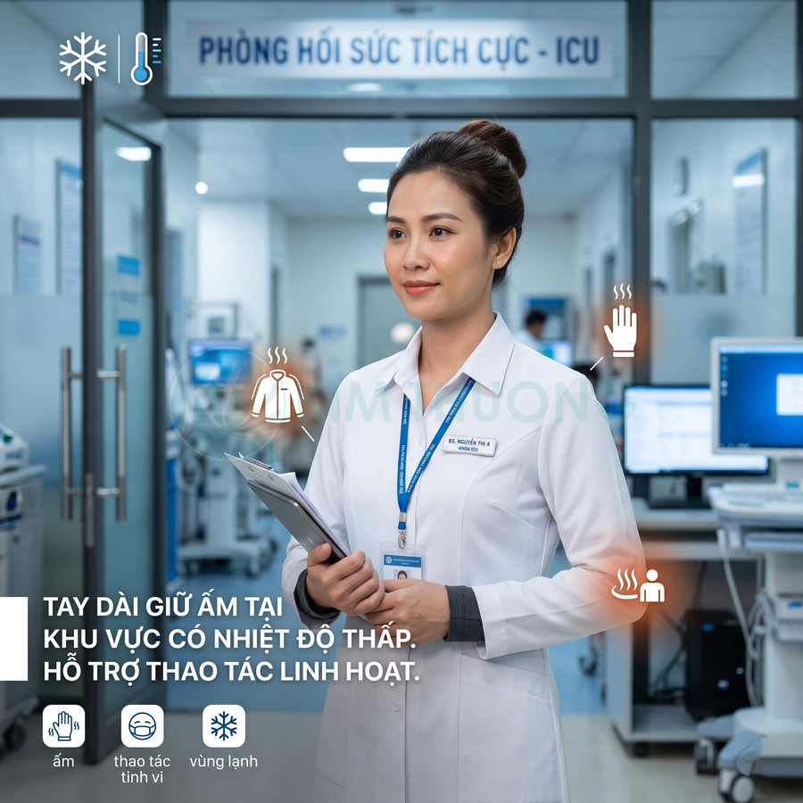 Bác sĩ mặc áo blouse tay dài giữ ấm, cầm hồ sơ trong phòng hồi sức tích cực ICU