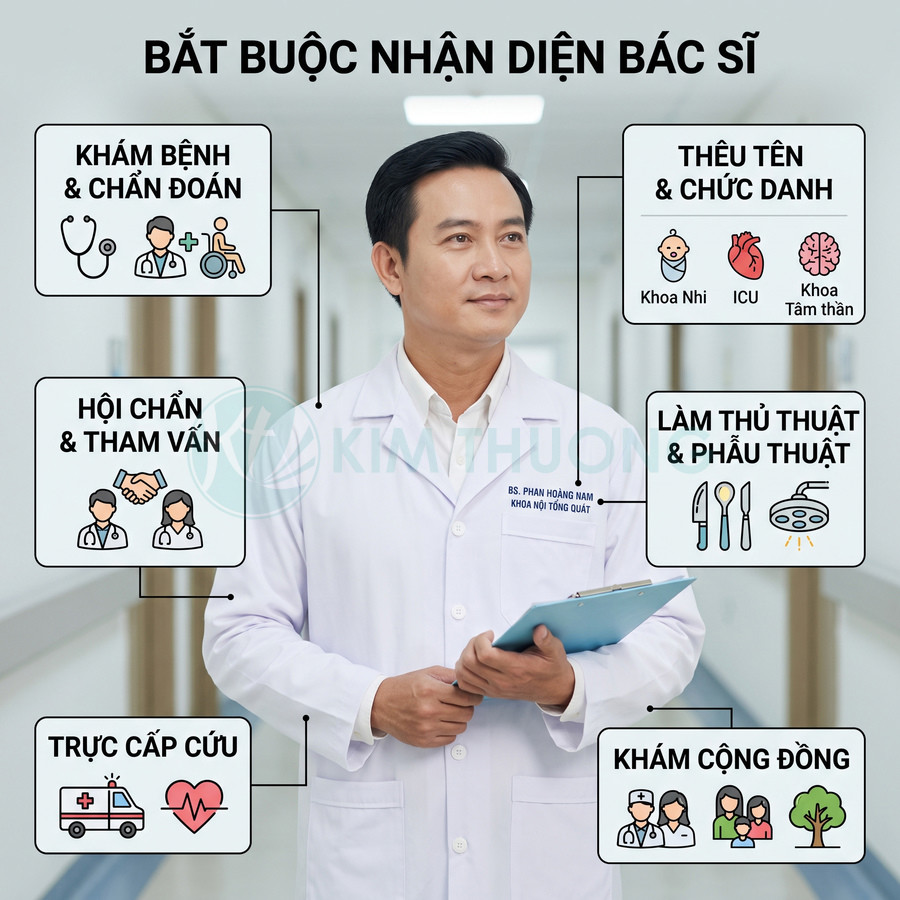 Bác sĩ mặc áo blouse trắng cầm hồ sơ đứng trong hành lang bệnh viện với các biểu tượng dịch vụ khám chữa bệnh
