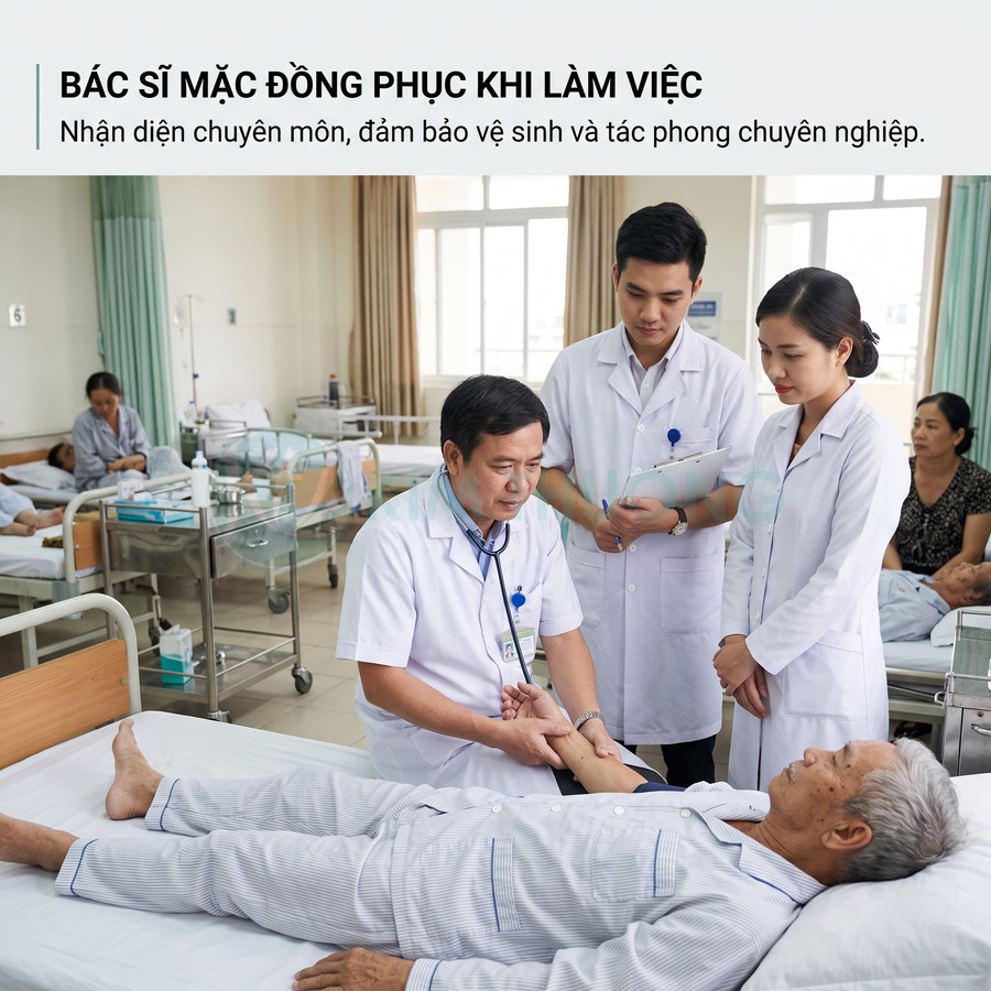 Bác sĩ và y tá mặc đồng phục trắng thăm khám bệnh nhân cao tuổi nằm trên giường bệnh trong phòng bệnh viện