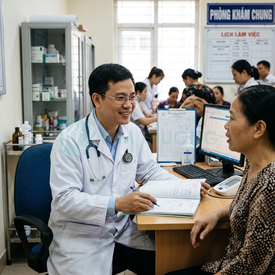 Bác sĩ nam đang tư vấn và ghi chép hồ sơ khám bệnh cho bệnh nhân nữ tại phòng khám đông người