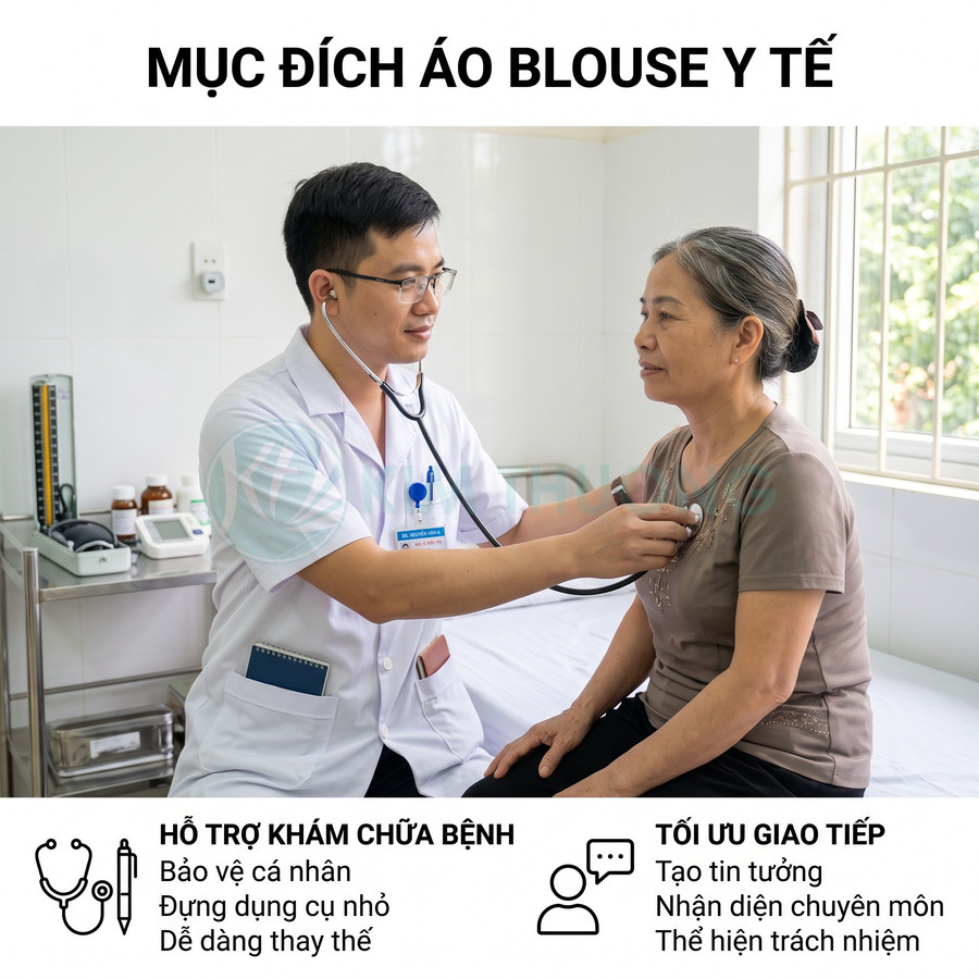 Bác sĩ mặc áo blouse y tế trắng dùng ống nghe khám tim cho bệnh nhân nữ lớn tuổi trong phòng khám