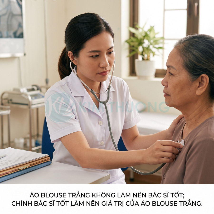 Bác sĩ nữ mặc áo blouse trắng dùng ống nghe khám tim cho bệnh nhân lớn tuổi trong phòng khám