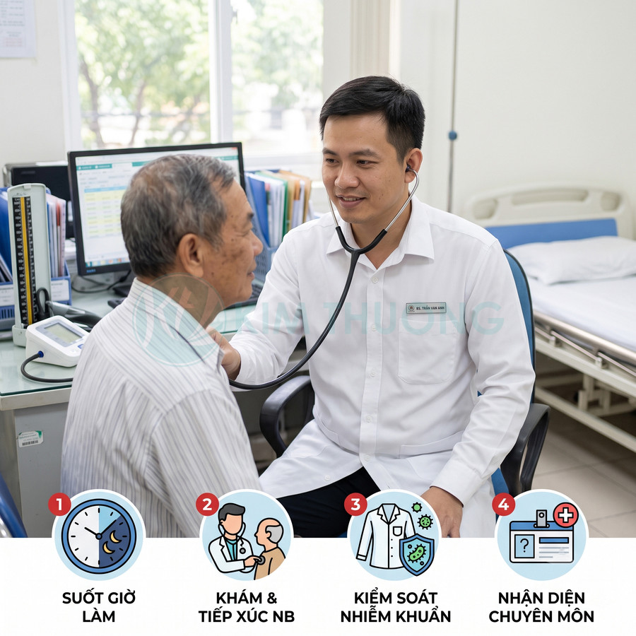 Bác sĩ dùng ống nghe khám tim cho bệnh nhân cao tuổi trong phòng khám hiện đại