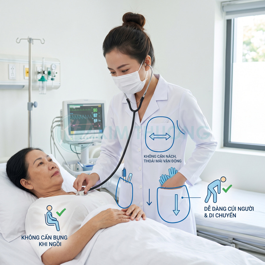 Bác sĩ nữ đeo khẩu trang dùng ống nghe khám tim cho bệnh nhân nữ nằm trên giường bệnh viện