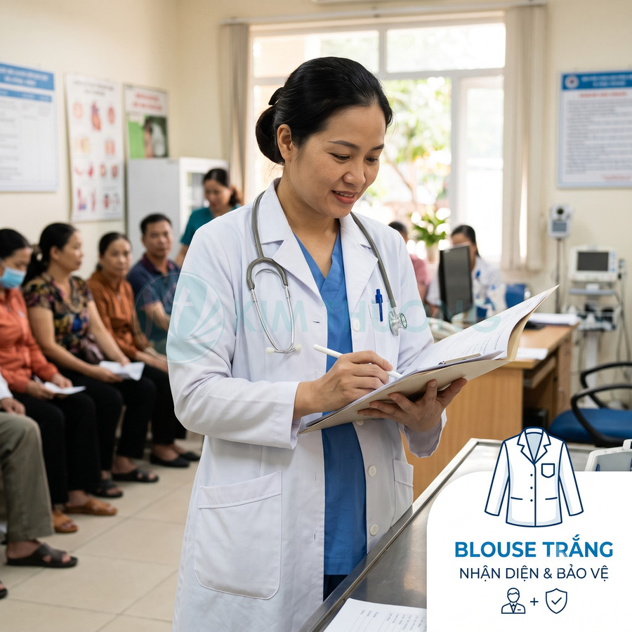 Bác sĩ mặc áo blouse trắng ghi chép hồ sơ bệnh án trong phòng khám đông bệnh nhân chờ khám
