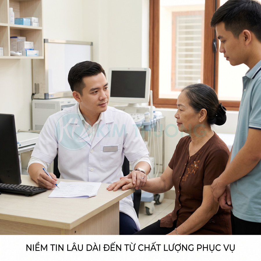 Bác sĩ tư vấn sức khỏe cho bệnh nhân lớn tuổi và người nhà trong phòng khám hiện đại
