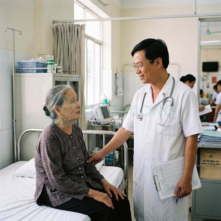 Bác sĩ nam tư vấn và chăm sóc bệnh nhân cao tuổi trong phòng bệnh viện