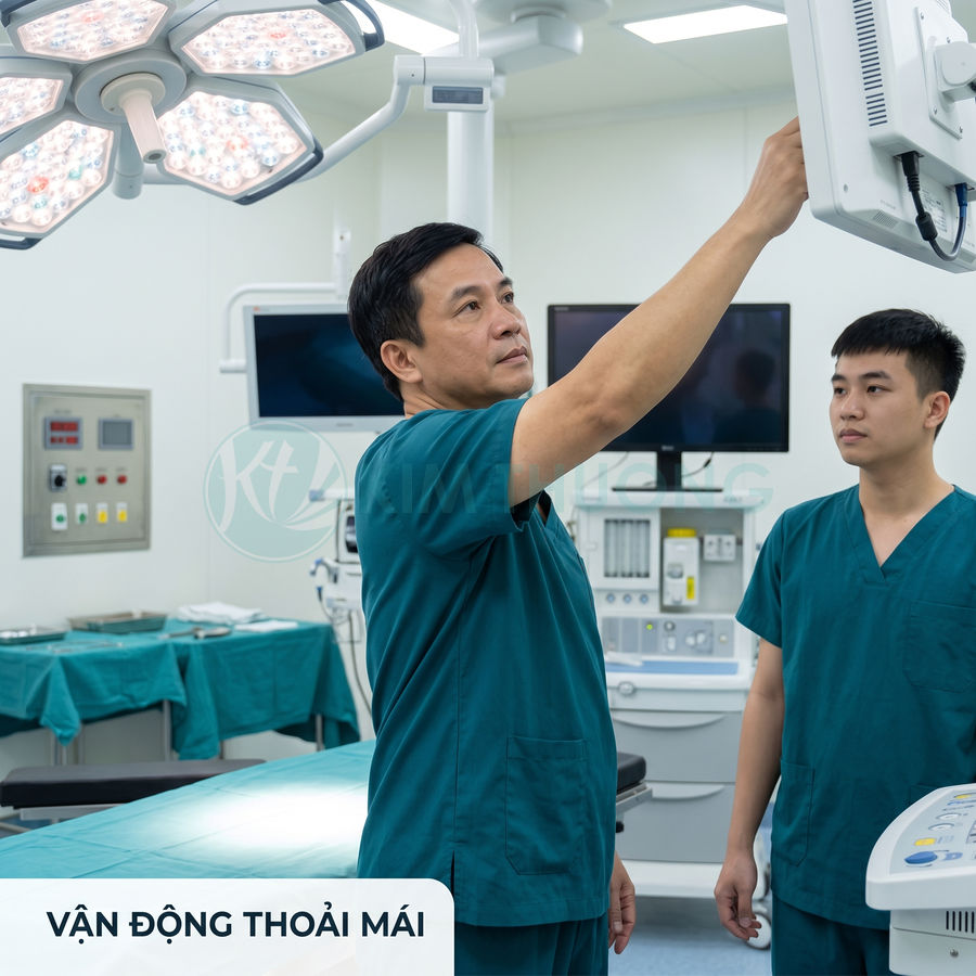 Bác sĩ mặc đồ phẫu thuật điều chỉnh màn hình thiết bị y tế trong phòng mổ hiện đại