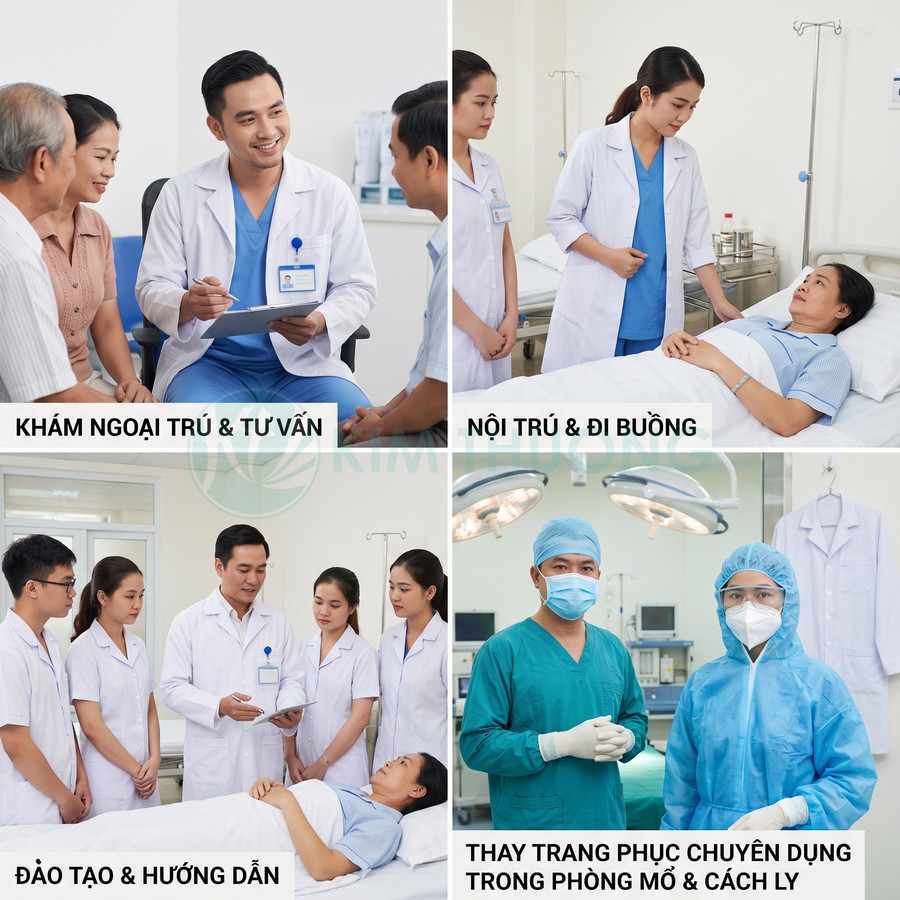 Quy trình khám chữa bệnh với bác sĩ tư vấn, điều trị nội trú, đào tạo y khoa và thay trang phục phòng mổ