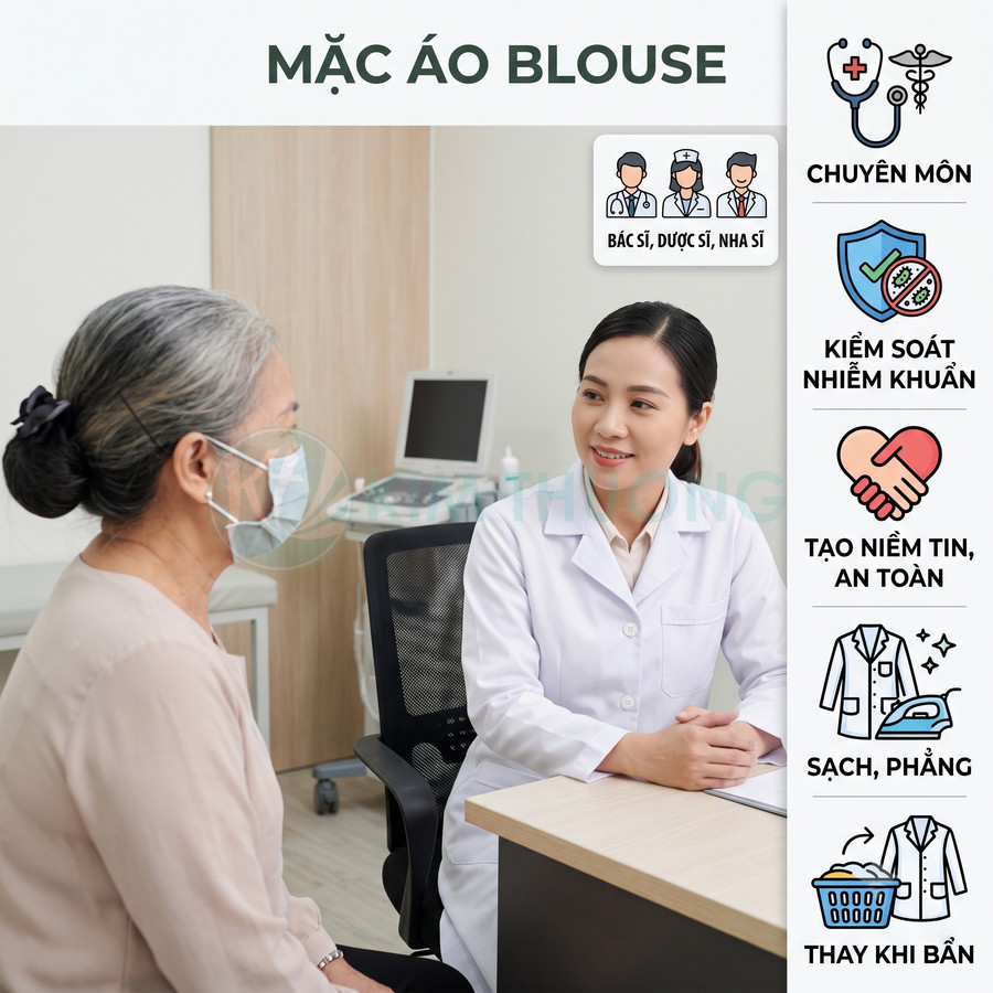 Bác sĩ mặc áo blouse trắng tư vấn cho bệnh nhân lớn tuổi tại phòng khám sạch sẽ