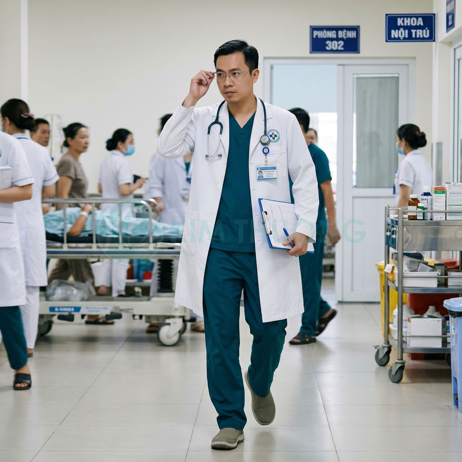 Bác sĩ nam mặc áo blouse trắng đeo ống nghe cầm hồ sơ bệnh án đi trong hành lang bệnh viện