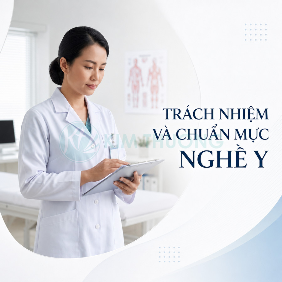 Nữ bác sĩ mặc áo blouse trắng đang ghi chép hồ sơ bệnh án trong phòng khám sạch sẽ