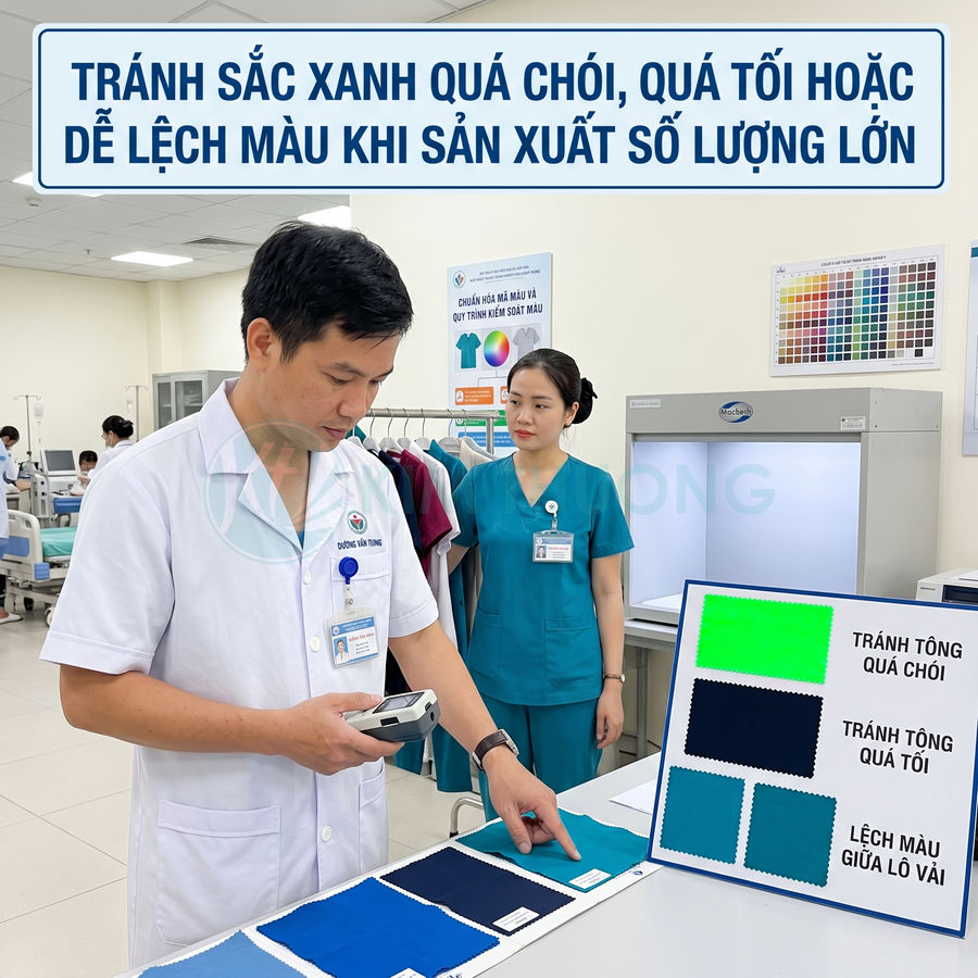 Nhân viên y tế kiểm tra mẫu vải màu xanh cho đồng phục bệnh viện trong phòng kiểm soát chất lượng