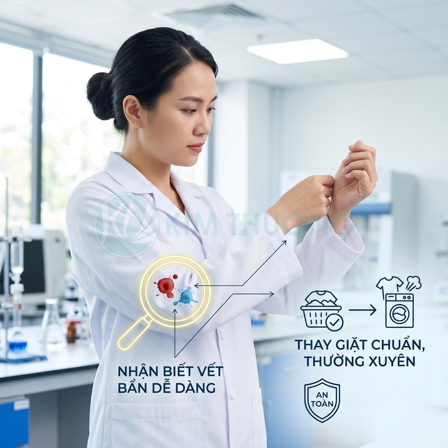 Nhân viên phòng thí nghiệm kiểm tra áo blouse có vết bẩn, minh họa hướng dẫn giặt sạch an toàn