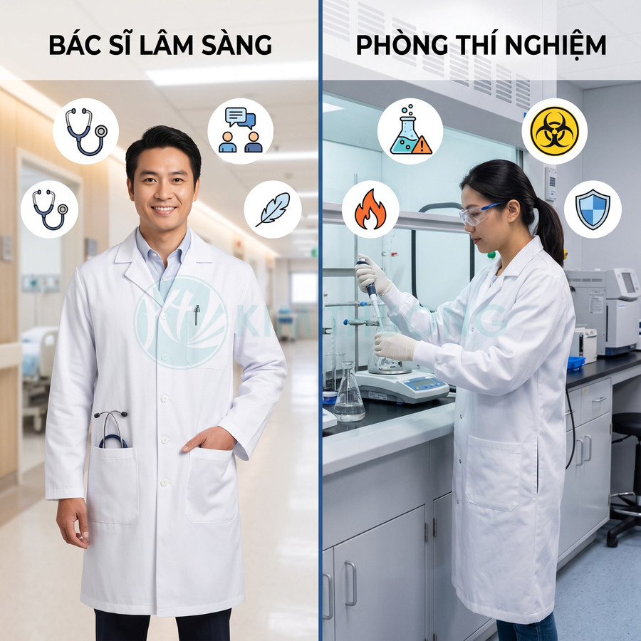 Áo blouse trắng dài tay của bác sĩ lâm sàng và nhân viên phòng thí nghiệm y tế, có túi trước tiện dụng