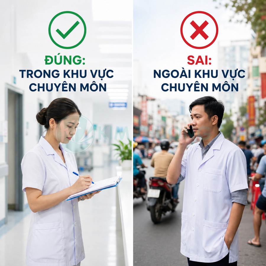 So sánh bác sĩ làm việc trong bệnh viện và bác sĩ nghe điện thoại ngoài đường, minh họa đúng sai khu vực chuyên môn