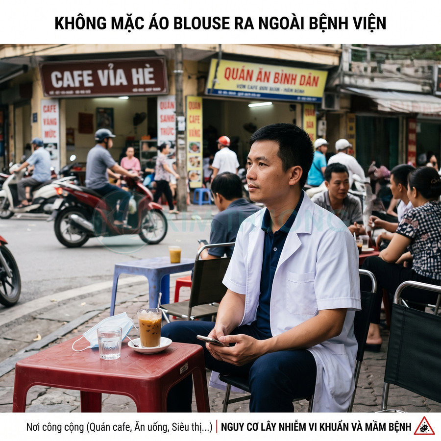 Bác sĩ mặc áo blouse ngồi uống cà phê vỉa hè đông người, cạnh ly nước và khẩu trang trên bàn