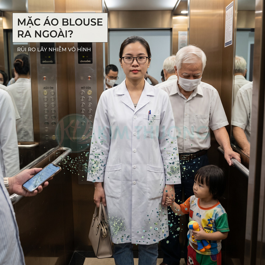 Bác sĩ mặc áo blouse trắng đứng trong thang máy đông người, tay dính vệt vi khuẩn phát sáng khi nắm tay trẻ nhỏ