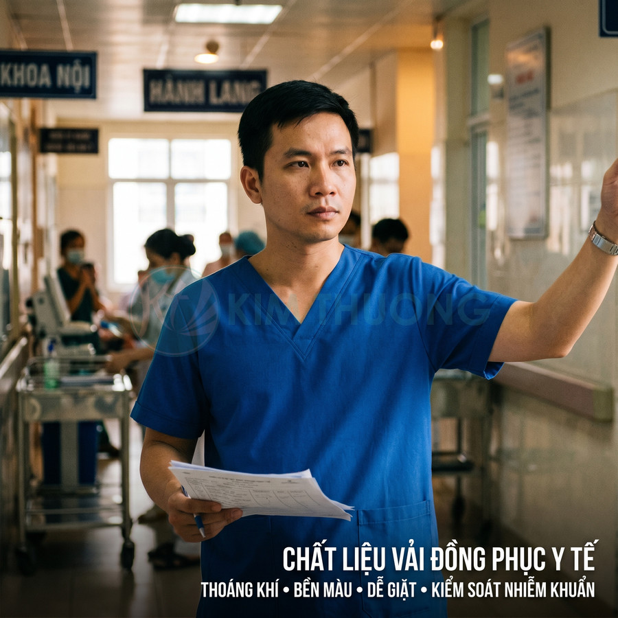 Bác sĩ mặc đồng phục y tế màu xanh dương cầm hồ sơ bệnh án trong hành lang bệnh viện