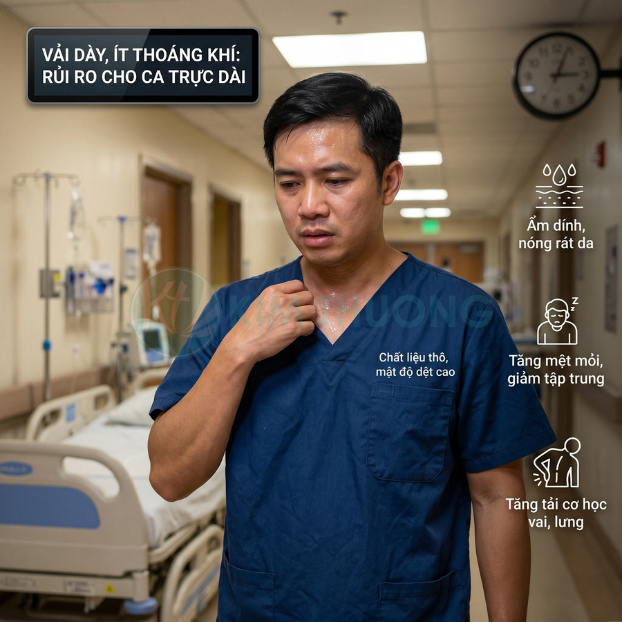 Bác sĩ mặc đồng phục y tế vải dày kém thoáng khí, mồ hôi nhiều gây nóng rát và khó chịu khi trực dài