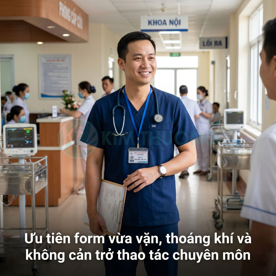 Bác sĩ nam mặc đồng phục y tế màu xanh navy cầm hồ sơ bệnh án trong hành lang bệnh viện
