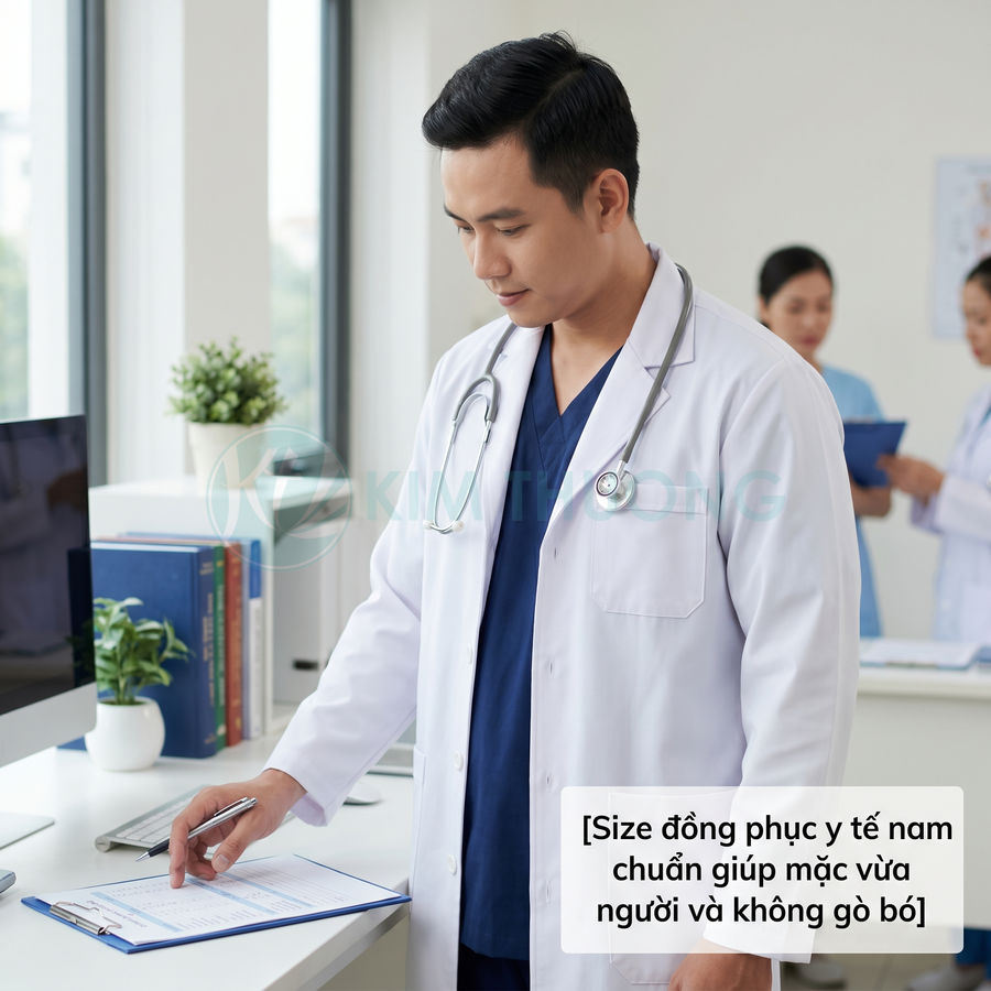 Bác sĩ nam mặc đồng phục y tế màu xanh và áo blouse trắng đứng ghi chép hồ sơ trong phòng khám