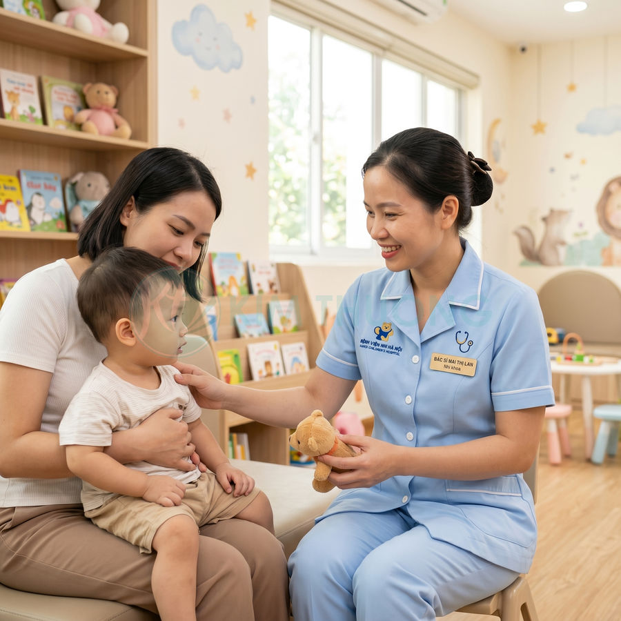 Bác sĩ nhi khoa tư vấn cho bé nhỏ và mẹ trong phòng khám nhi sáng sủa, thân thiện