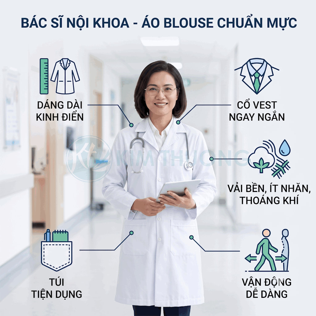 Bác sĩ nữ mặc áo blouse trắng dáng dài cổ vest, chất vải bền thoáng khí, nhiều túi tiện dụng trong bệnh viện