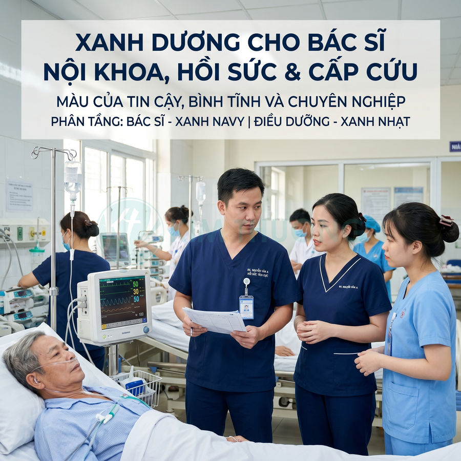 Đồng phục bác sĩ và điều dưỡng màu xanh dương trong phòng hồi sức cấp cứu bệnh viện