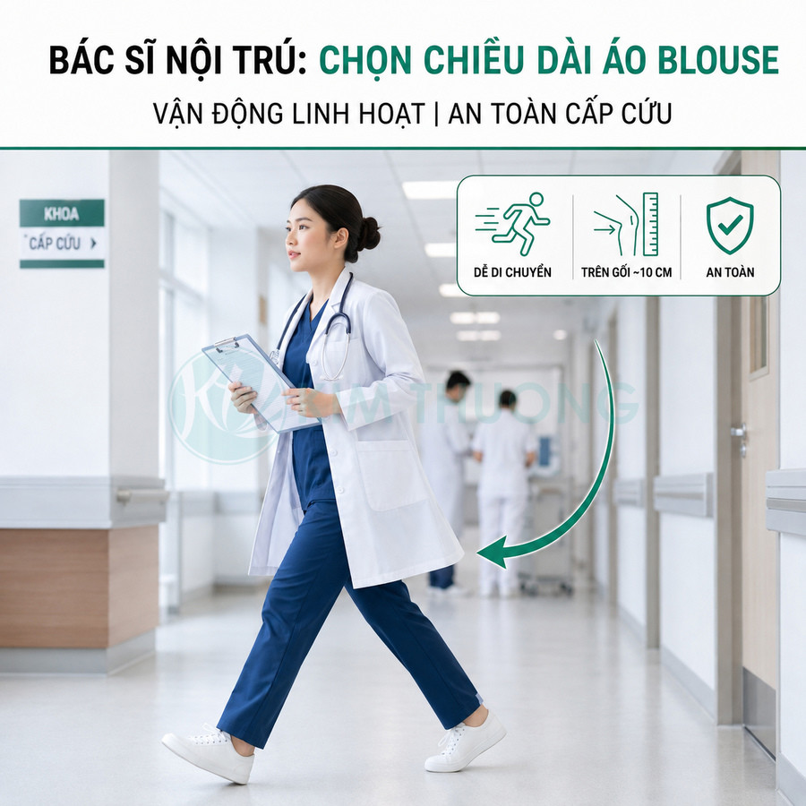 Bác sĩ nội trú mặc áo blouse trắng dài trên gối khoảng 10 cm, di chuyển nhanh trong hành lang bệnh viện