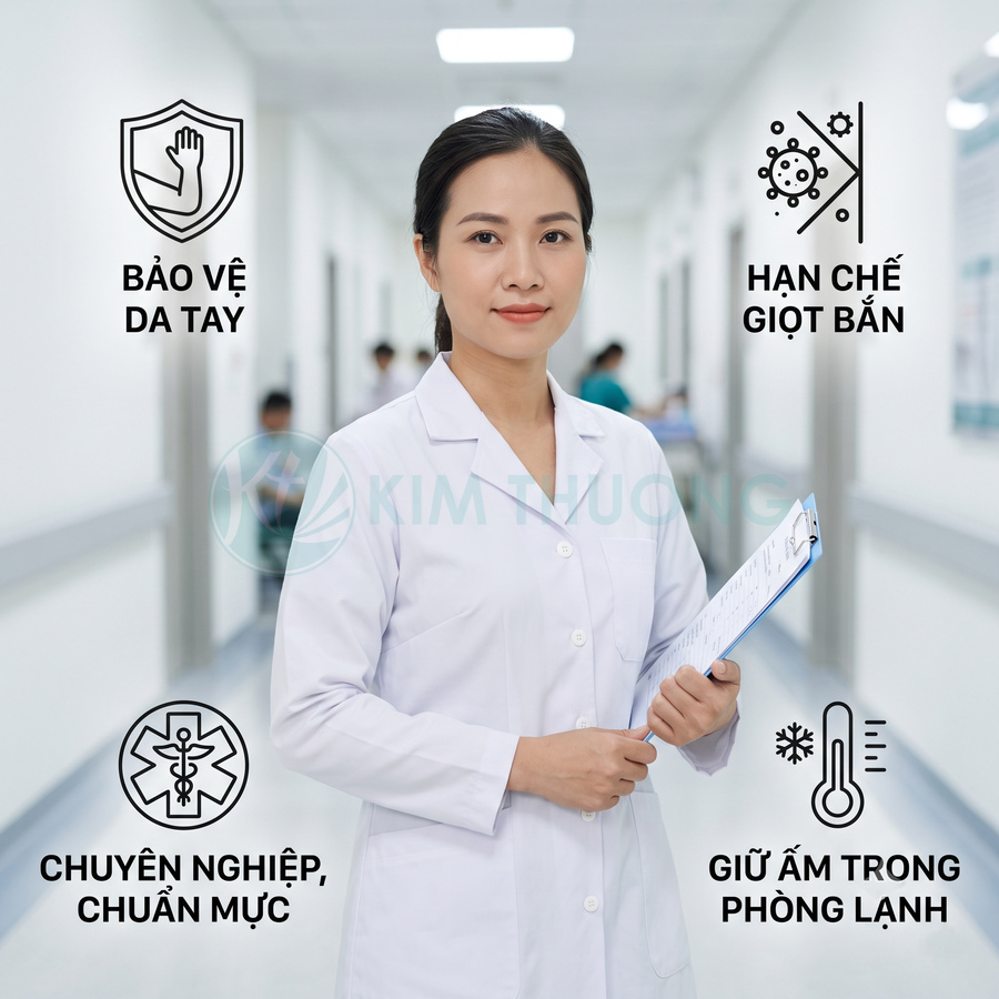 Bác sĩ mặc áo blouse trắng Kim Thương đứng trong hành lang bệnh viện, cầm hồ sơ khám bệnh
