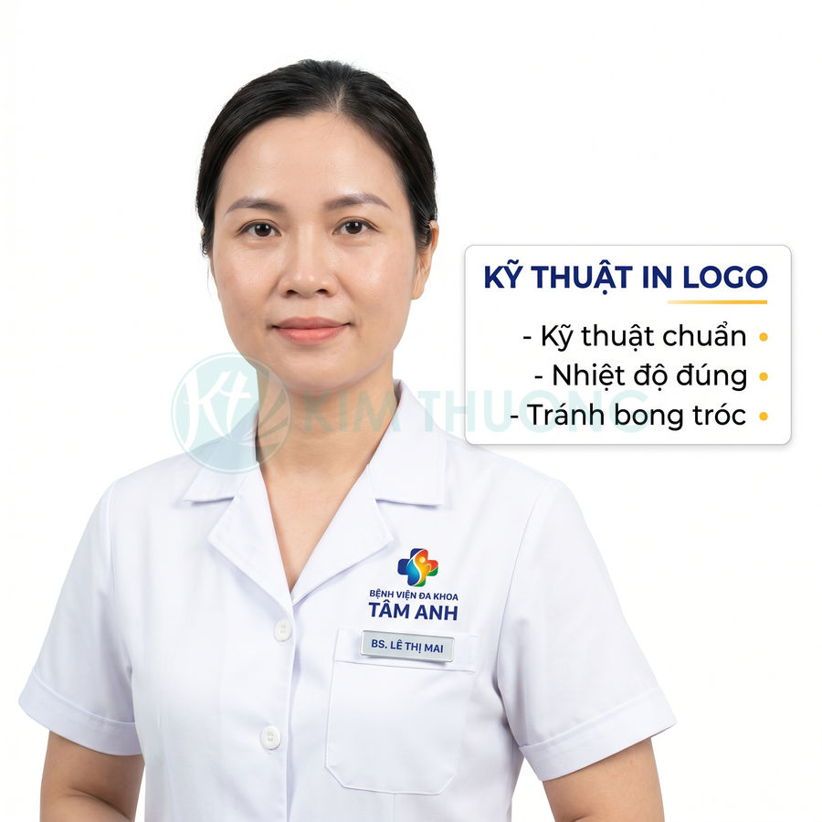 Bác sĩ nữ mặc áo blouse trắng in logo Bệnh viện Đa khoa Tâm Anh và bảng tên trước ngực