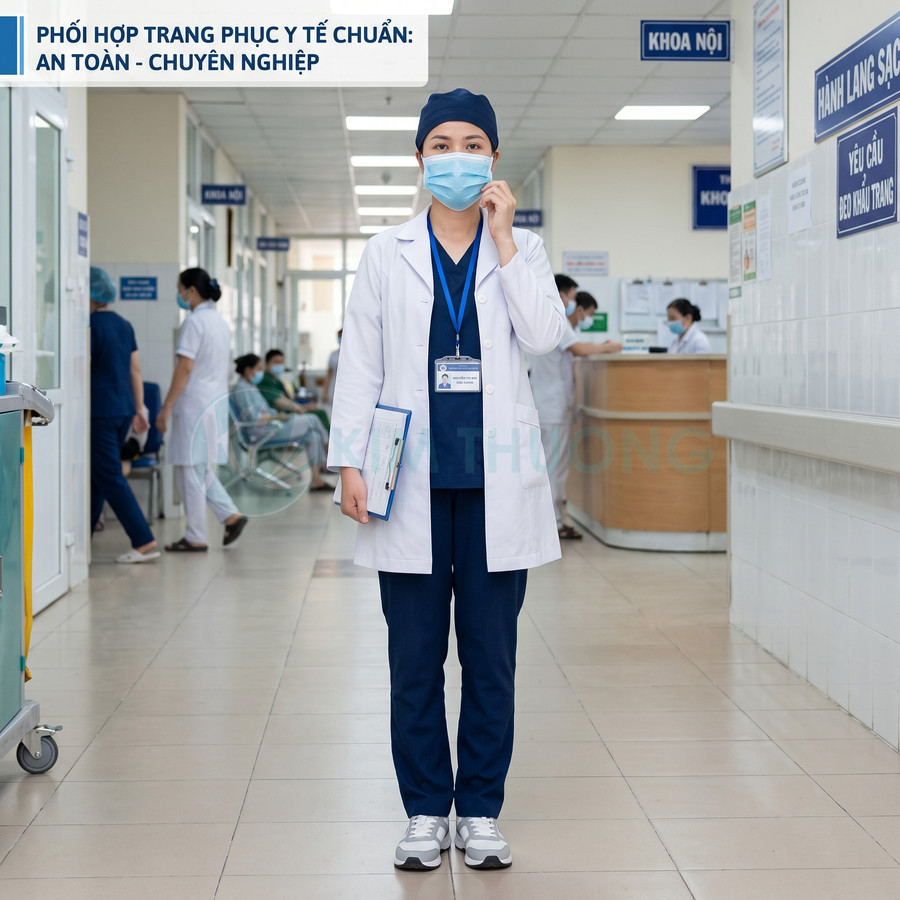 Bộ trang phục y tế chuẩn gồm áo blouse trắng, đồ scrub xanh navy, mũ và khẩu trang trong bệnh viện