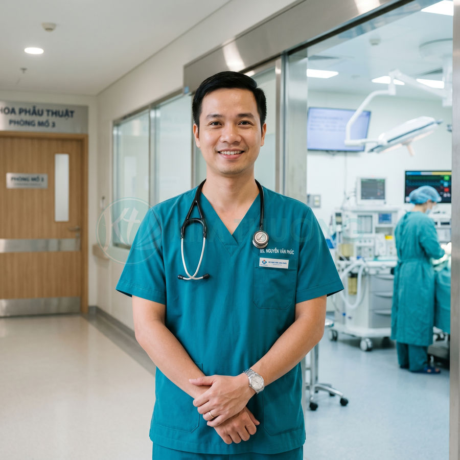 Bác sĩ mặc đồng phục phẫu thuật xanh đeo ống nghe đứng trước phòng mổ trong bệnh viện hiện đại
