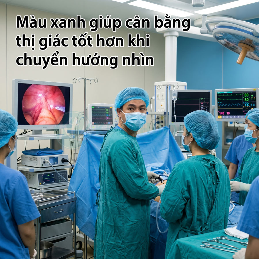 Bác sĩ phẫu thuật và ê kíp mặc đồ xanh đang mổ nội soi trong phòng mổ với nhiều máy theo dõi hiện đại
