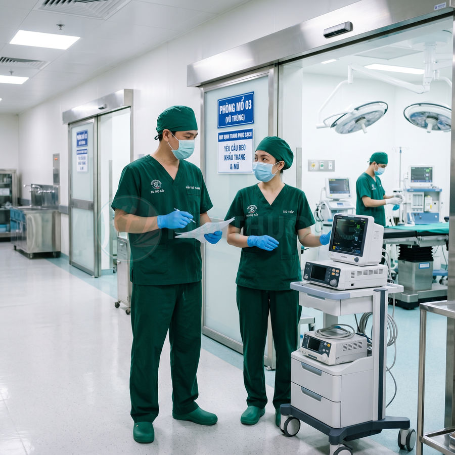 Máy theo dõi bệnh nhân trên xe đẩy y tế cạnh bác sĩ phẫu thuật trong phòng mổ hiện đại