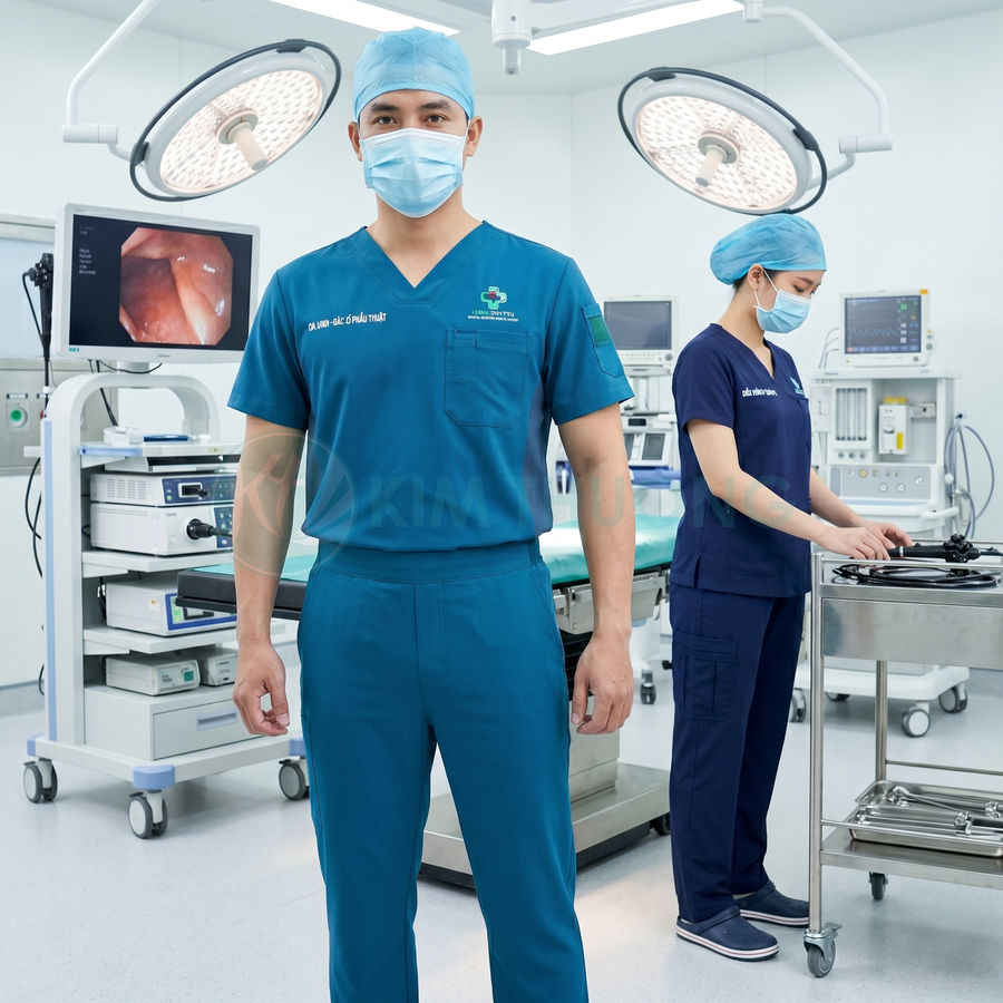 Bác sĩ và điều dưỡng mặc đồng phục phẫu thuật trong phòng mổ hiện đại với thiết bị y tế chuyên dụng