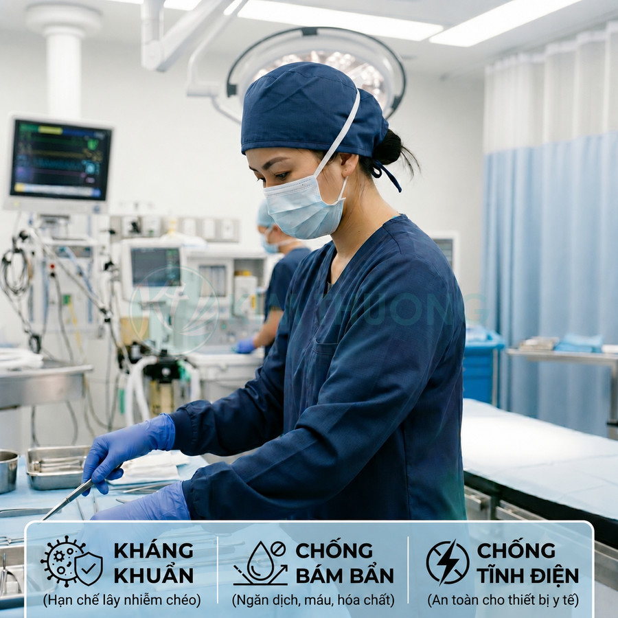 Bác sĩ mặc đồ bảo hộ y tế kháng khuẩn chống bám bẩn và chống tĩnh điện trong phòng phẫu thuật