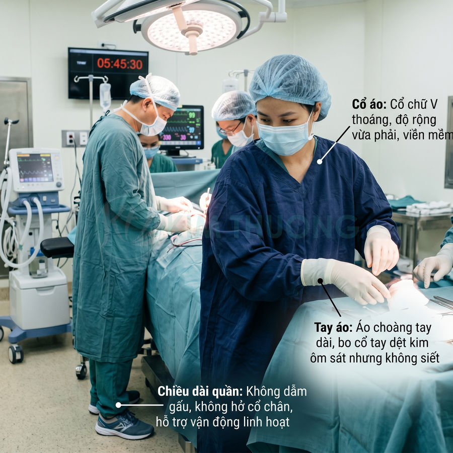 Bác sĩ mặc đồ phẫu thuật xanh navy tay dài, cổ chữ V, quần dài thoải mái đang thực hiện ca mổ trong phòng mổ