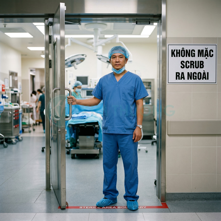 Bác sĩ mặc đồ phẫu thuật màu xanh đứng trước cửa phòng mổ bệnh viện hiện đại