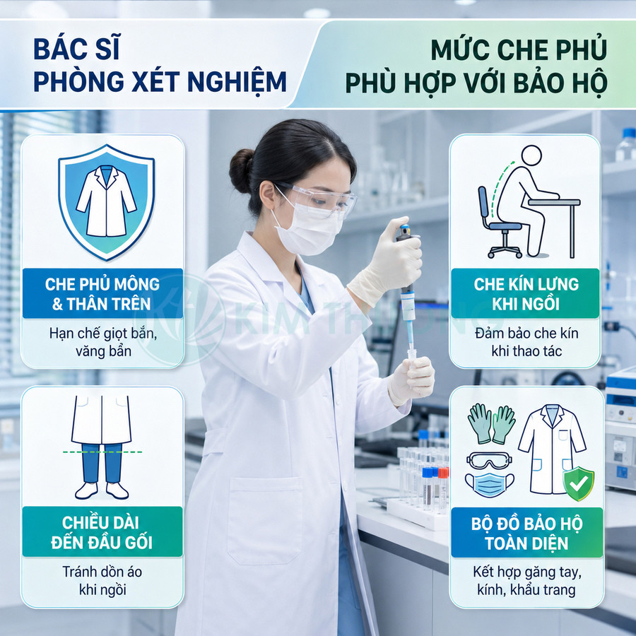 Bác sĩ phòng xét nghiệm mặc áo blouse dài đến gối, đeo găng tay, kính bảo hộ và khẩu trang khi thao tác ống nghiệm