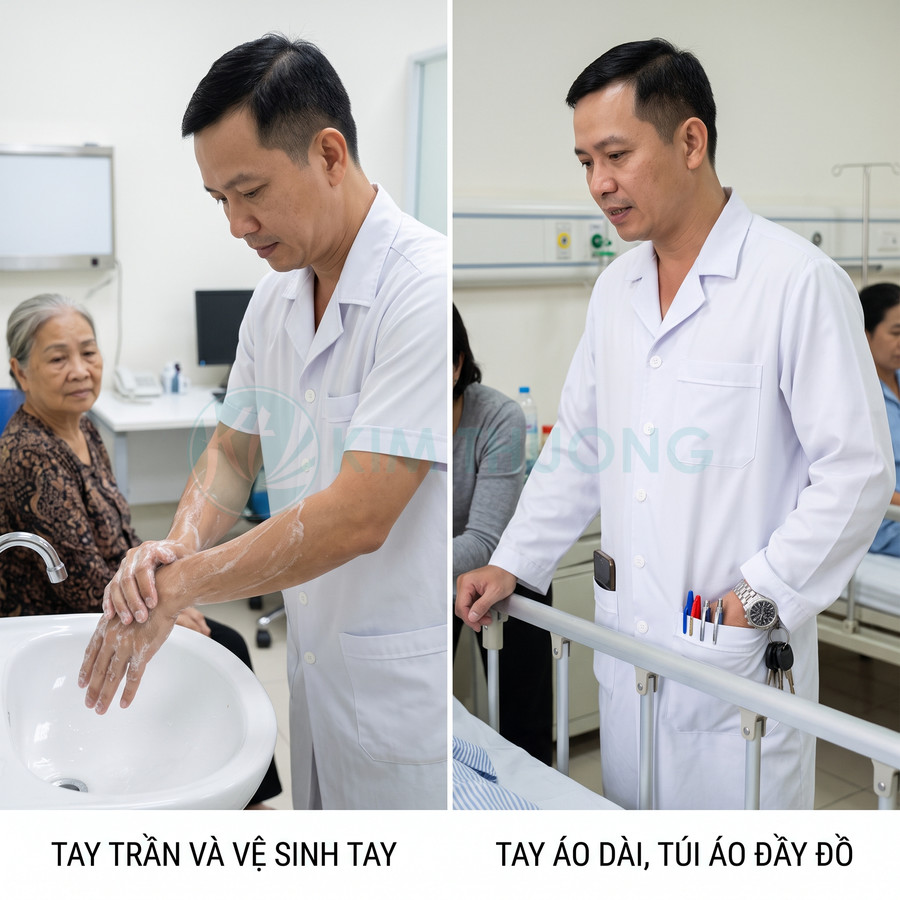 Bác sĩ mặc áo blouse trắng rửa tay và đứng cạnh giường bệnh nhân trong phòng khám sạch sẽ