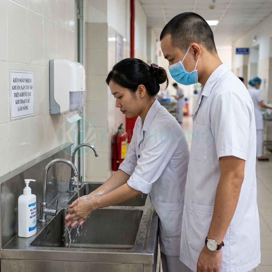 Nhân viên y tế rửa tay bằng xà phòng sát khuẩn tại bồn rửa trong bệnh viện