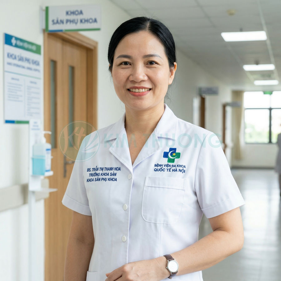 Nữ bác sĩ sản phụ khoa bệnh viện đa khoa quốc tế Hà Nội đứng mỉm cười trong hành lang bệnh viện