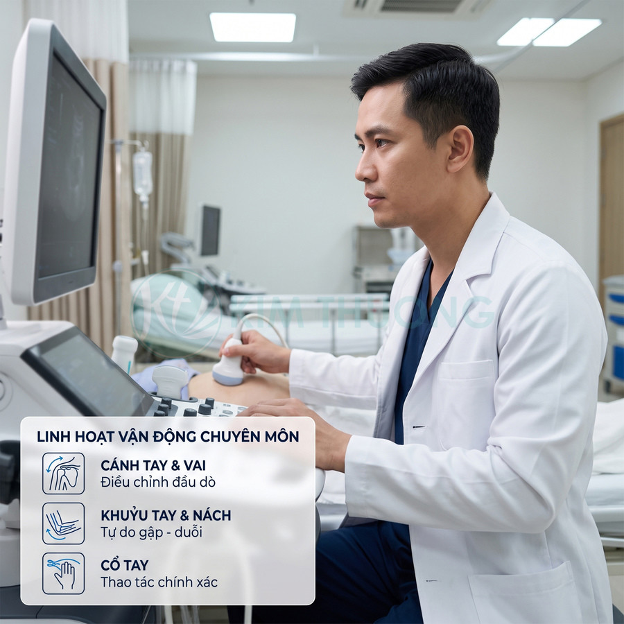 Bác sĩ sử dụng máy siêu âm hiện đại trong phòng khám, tay cầm đầu dò thao tác trên bảng điều khiển