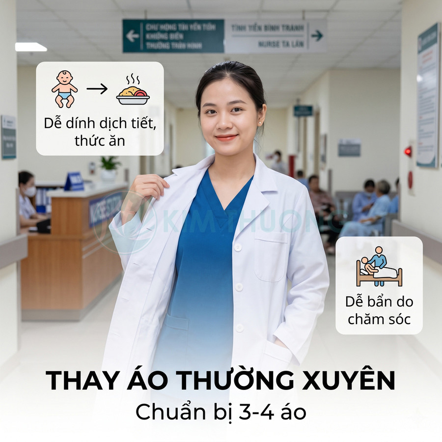 Nữ điều dưỡng mặc áo blouse trắng và đồ scrubs xanh trong hành lang bệnh viện, khuyến nghị thay áo thường xuyên